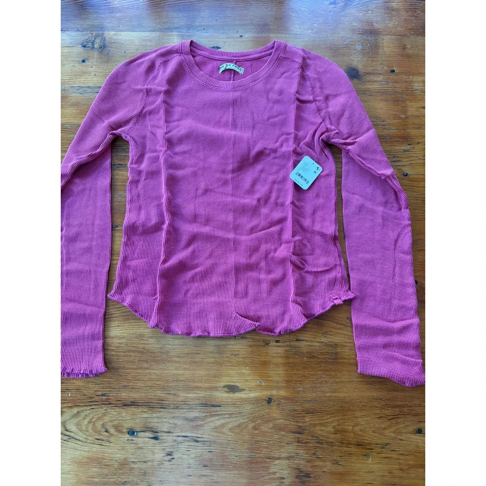 Free People  Easy Does It Long Sleeve Tee Raspberry Pink Large New NWT Waffle